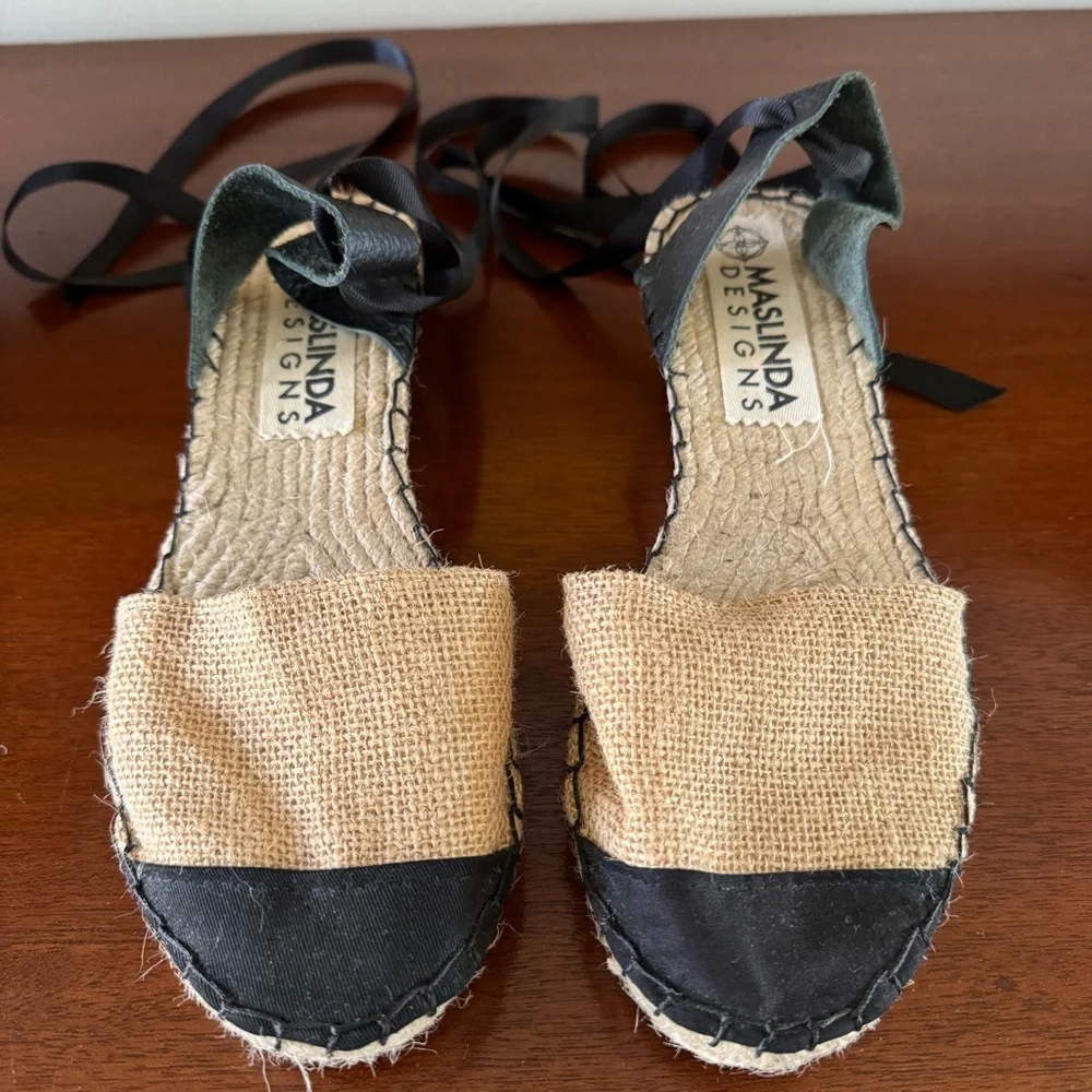 Black & Beige Ankle Tie Espadrille Wedges | Low Heel | Size 39